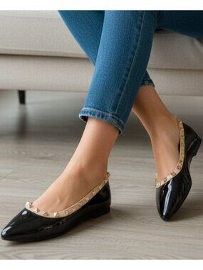 Black Patent Pointed Toe Flats With Gold Studded Trim